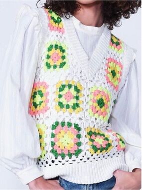 Greylin White Crochet V-Neck Sweater Vest with Neon Floral | SZ M